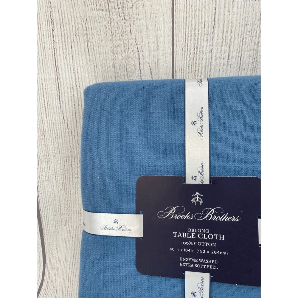 Brooks Brothers Tablecloth 60x104 Blue 100% Cotton Enzyme Washed Soft Oblong